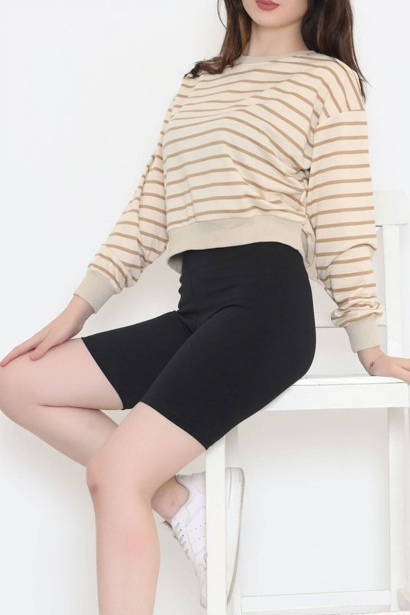 Çizgili Crop Sweat Bejkahve - 11815.1567. - 7