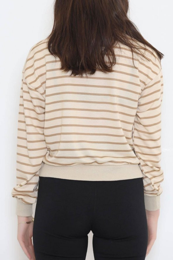 Çizgili Crop Sweat Bejkahve - 11815.1567. - 9