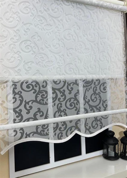 Çift Mekanizmalı Kirli Beyaz Tül Perde ve Ekru Stor Perde STB-99  Beyaz 160 x 260
