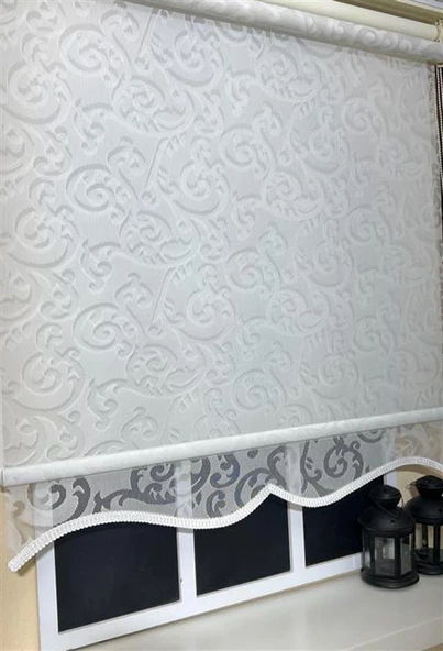 Çift Mekanizmalı Kirli Beyaz Tül Perde ve Ekru Stor Perde STB-99  Beyaz 130 x 260 - 3
