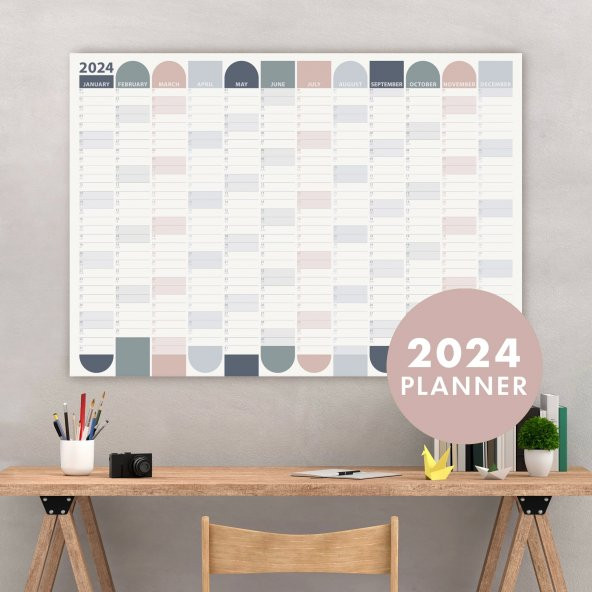 2024 Yıllık Planlayıcı Duvar Takvimi | Antrasit Gri, Gül Kurusu Renk | Aylık Planlayıcı | 70x50 cm