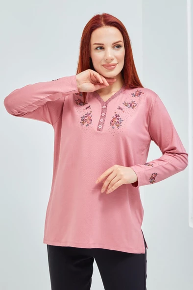 Fresh&Moda Kadın Pembe V Yaka Düğmeli Çiçekli Likralı Anne Penye Bluz - 2