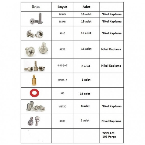 YATE10-106 Parça PC Anakart-Kasa,Ekran Kartı Vida Takımı - 3