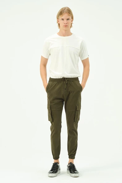 Erkek Dar Paça Beli ve Paçası Lastikli Kargo Cepli Pamuklu Jogger Spor Pantolon - 12