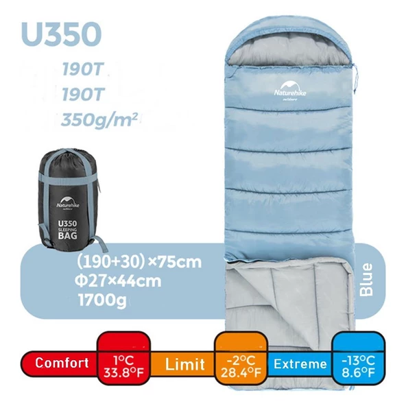 Naturehike U350 Zarf Tarzı Kapüşonlu Uyku Tulumu -13°C  Mavi Right - 4