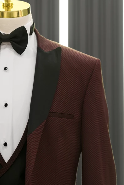 Slimfit Armürlü Kırlangıç Çıkmalı Yaka Yelekli Papyonlu Smokin Takım Elbise - 3