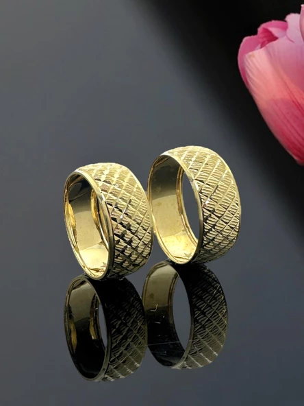 Aynalı Bakla Unisex 8 mm 14 Ayar Altın Alyans Yüzük - Resim 3