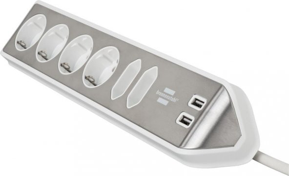 Brennenstuhl Estilo Mutfak ve Ofis İçin Çelik Yüzeyli Köşeli 6 Soketli 2 USB li 2 MT Uzatma Kablo Beyaz - 2