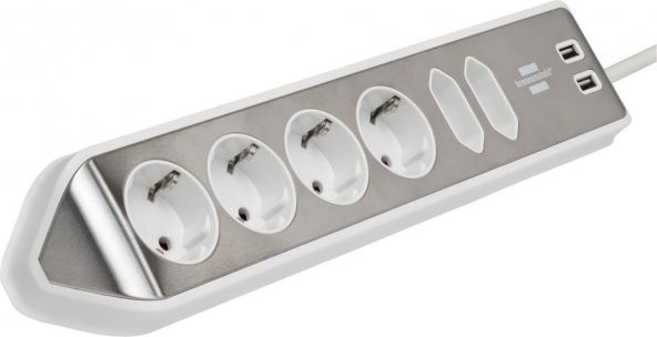 Brennenstuhl Estilo Mutfak ve Ofis İçin Çelik Yüzeyli Köşeli 6 Soketli 2 USB li 2 MT Uzatma Kablo Beyaz - 3