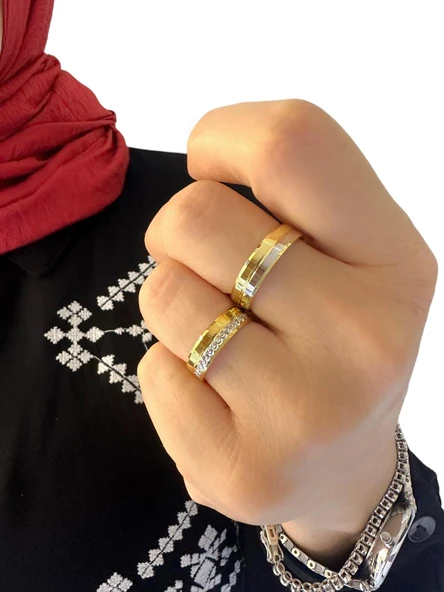 İki Renkli Kibrit Çöpü Taşsız 14 Ayar Altın Alyans Yüzük - 4