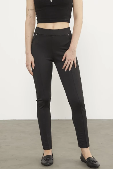 Önden Dikiş Detaylı Tayt - Siyah - Resim 2