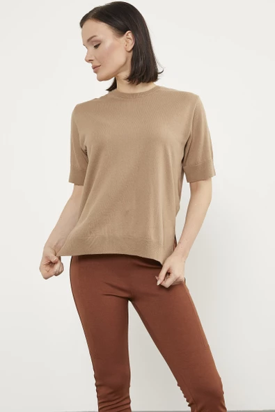 Sıfır Yaka Kısa Kol Triko Kazak - Kamel - Resim 3