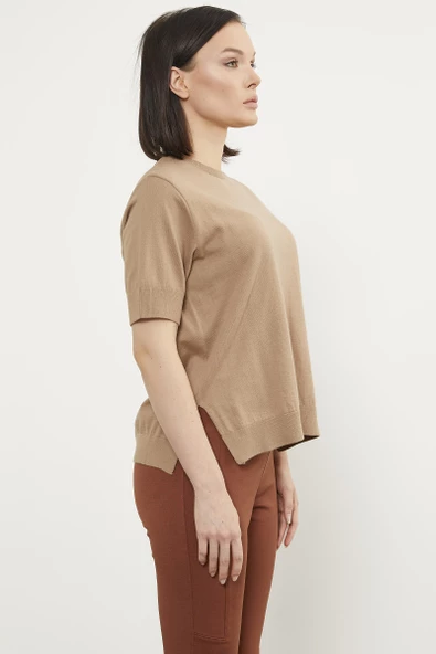 Sıfır Yaka Kısa Kol Triko Kazak - Kamel - Resim 5