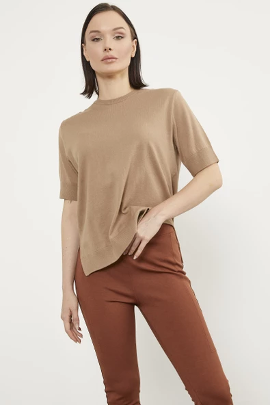 Sıfır Yaka Kısa Kol Triko Kazak - Kamel - Resim 2
