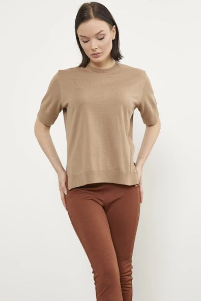 Sıfır Yaka Kısa Kol Triko Kazak - Kamel - Resim 4