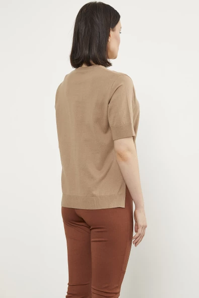Sıfır Yaka Kısa Kol Triko Kazak - Kamel - Resim 6