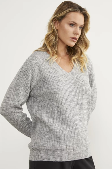 Petek Örgü V Yaka Triko Kazak - Açık Gri - Resim 4