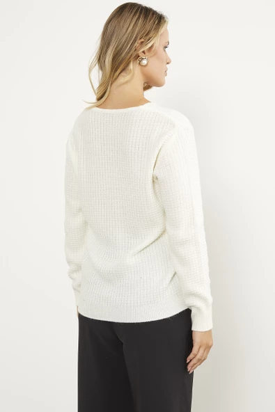 Petek Örgü V Yaka Triko Kazak - Kemik - Resim 6