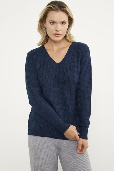 Petek Örgü V Yaka Triko Kazak - Lacivert - Resim 2