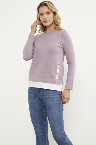 Etek Ucu Parçalı Triko Kazak - Gül - Resim 3