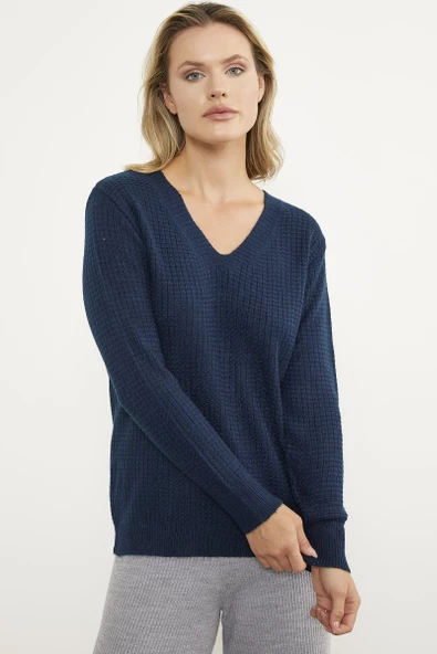 Petek Örgü V Yaka Triko Kazak - Lacivert ürün görseli 1