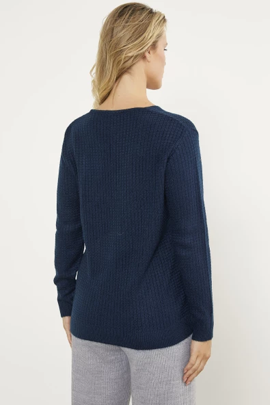 Petek Örgü V Yaka Triko Kazak - Lacivert - Resim 4