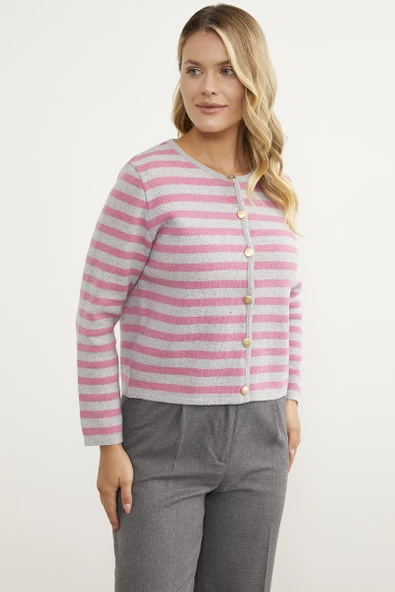 Renkli Çizgili Triko Kısa  Hırka - Açık Gri - Resim 5