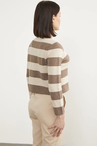 Çizgili Kısa Triko Hırka - Sütlü Kahve - Resim 6