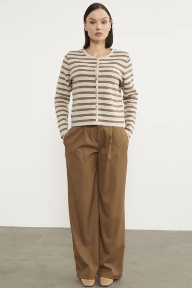 Renkli Çizgili Triko Kısa  Hırka - Bej - Resim 3