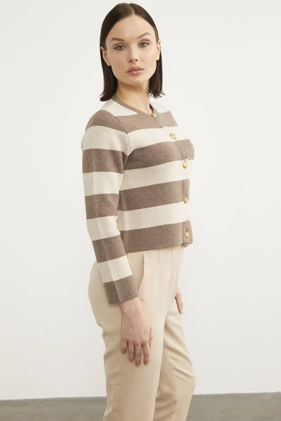 Çizgili Kısa Triko Hırka - Sütlü Kahve - Resim 5