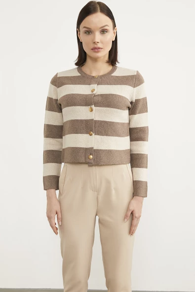 Çizgili Kısa Triko Hırka - Sütlü Kahve ürün görseli