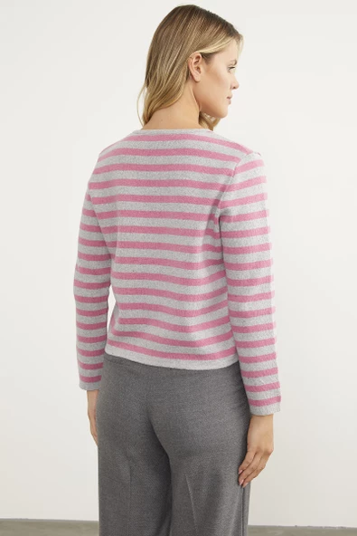 Renkli Çizgili Triko Kısa  Hırka - Açık Gri - Resim 6