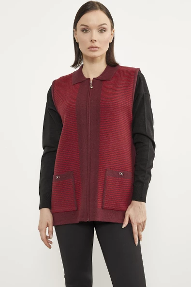 Polo Yaka Fermuarlı Triko Yelek - Bordo