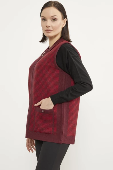 Polo Yaka Fermuarlı Triko Yelek - Bordo - 4