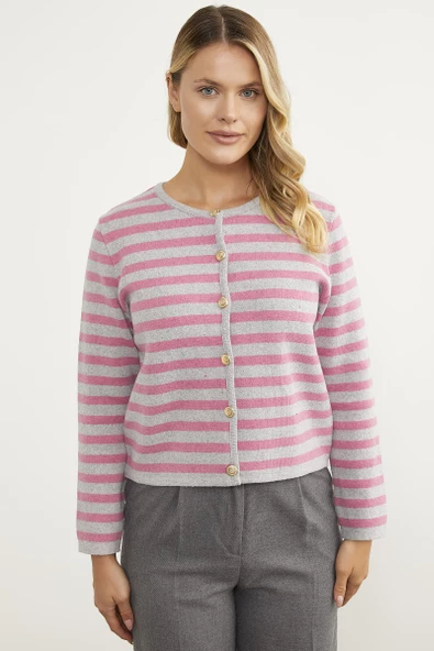 Renkli Çizgili Triko Kısa  Hırka - Açık Gri - Resim 3