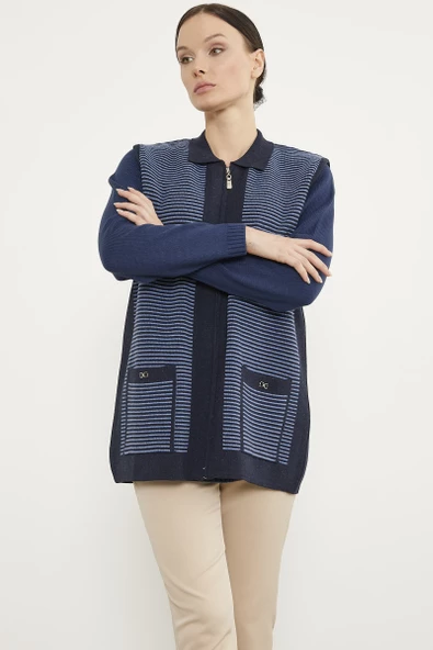 Polo Yaka Fermuarlı Triko Yelek - Lacivert - Resim 3