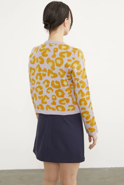 Leopar Desenli Triko Hırka - Lila - Resim 4