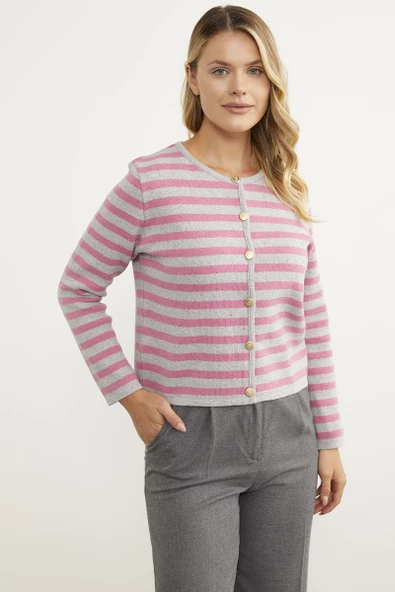 Renkli Çizgili Triko Kısa  Hırka - Açık Gri - Resim 2