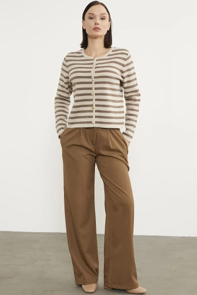 Renkli Çizgili Triko Kısa  Hırka - Bej - Resim 4