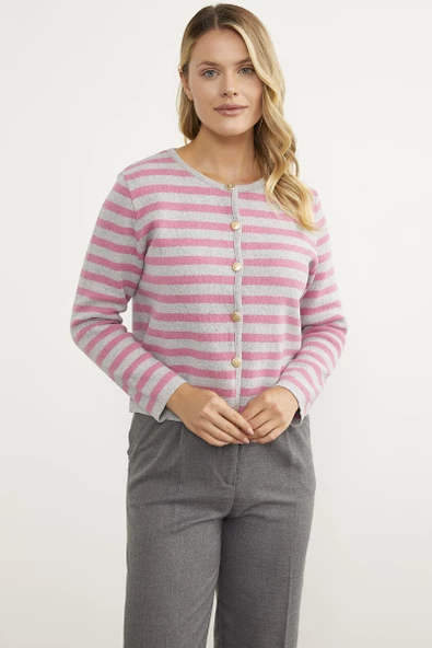 Renkli Çizgili Triko Kısa  Hırka - Açık Gri - Resim 4