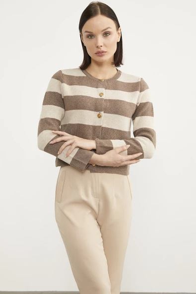 Çizgili Kısa Triko Hırka - Sütlü Kahve - Resim 2