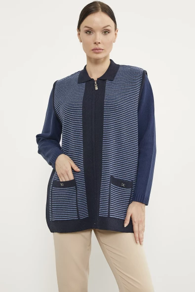 Polo Yaka Fermuarlı Triko Yelek - Lacivert - Resim 2