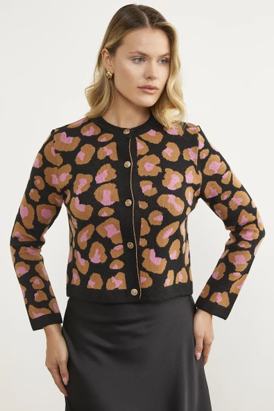 Leopar Desenli Triko Hırka - Siyah - Resim 2