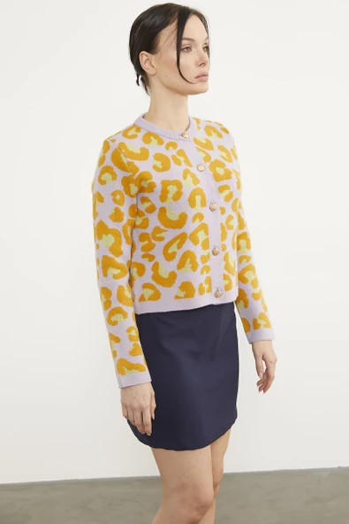 Leopar Desenli Triko Hırka - Lila - Resim 3