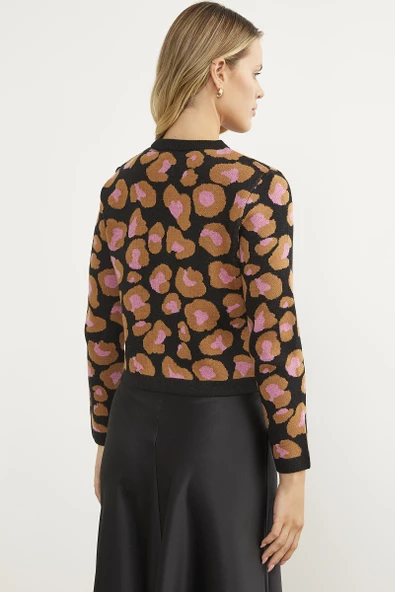 Leopar Desenli Triko Hırka - Siyah - Resim 6