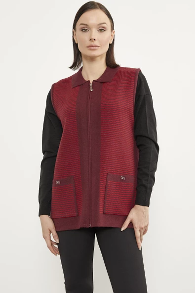 Polo Yaka Fermuarlı Triko Yelek - Bordo - 2