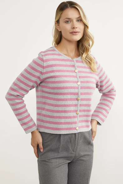 Renkli Çizgili Triko Kısa  Hırka - Açık Gri ürün görseli