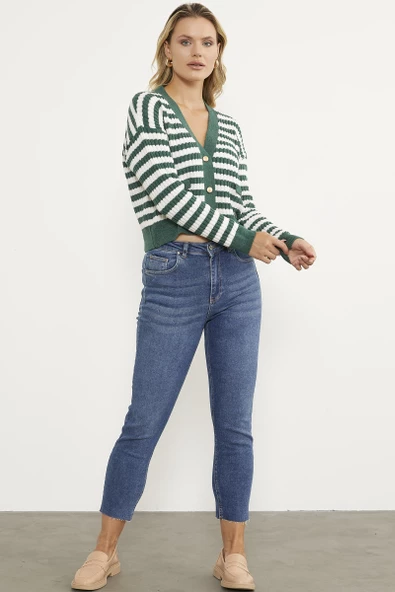 Çizgili Cep Detaylı Triko Hırka - Yeşil - Resim 4