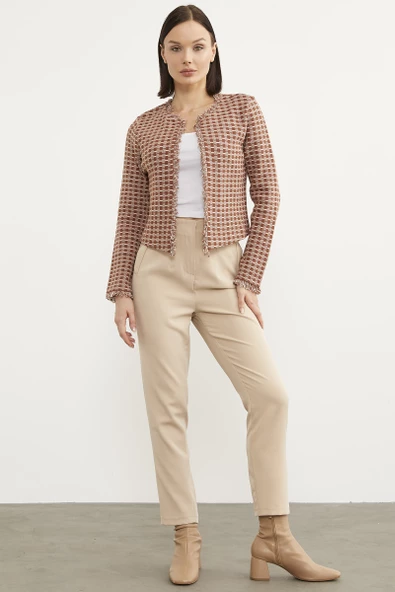 Ekose Desen Kısa Triko Ceket - Kiremit - Resim 4