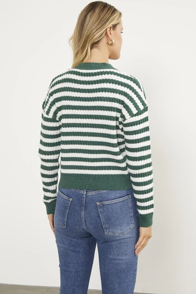 Çizgili Cep Detaylı Triko Hırka - Yeşil - Resim 6